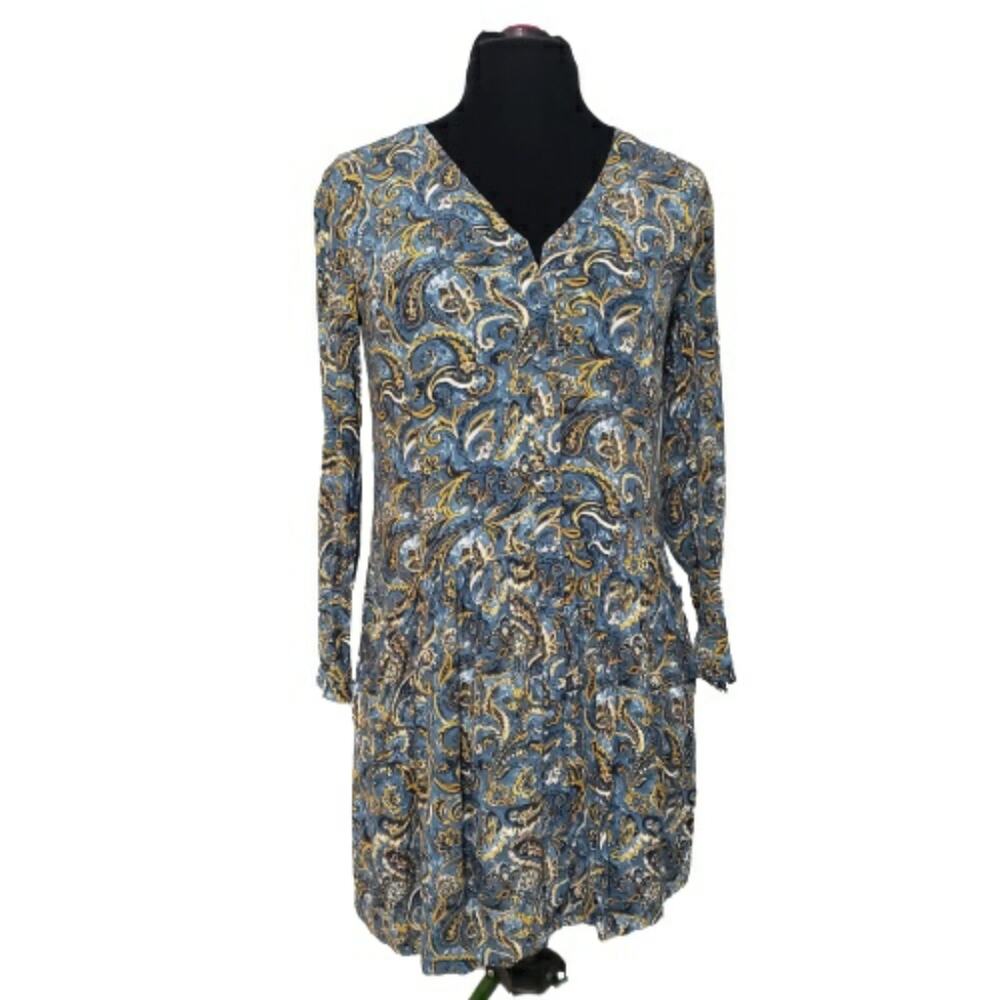 Garnet Hill Blue & Gold V Neck Paisley Print Button Front Pocket Dress 4
